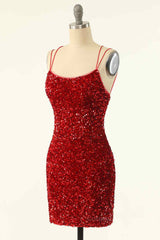 Formal Dress Elegant, Red Sheath Double Straps Lace-Up Back Sequins Mini Homecoming Dress