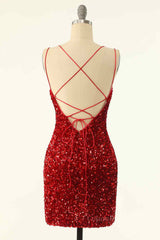 Formal Dress Outfit Ideas, Red Sheath Double Straps Lace-Up Back Sequins Mini Homecoming Dress