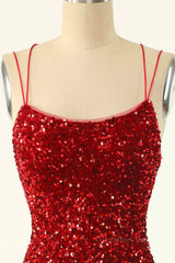Formal Dresses Outfit Ideas, Red Sheath Double Straps Lace-Up Back Sequins Mini Homecoming Dress