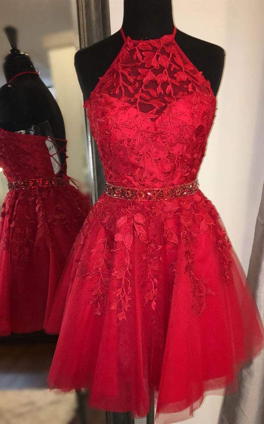Prom Dress Navy, Red Short Homecoming Dresses,Formal Lace Hoco Dress with Beading
