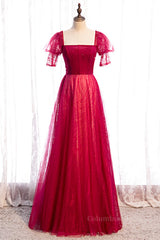 Homecomming Dresses Fitted, Red Square Neck Puff Sleeves Beaded Tulle Maxi Formal Dress