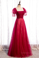 Homecoming Dress Tights, Red Square Neck Puff Sleeves Beaded Tulle Maxi Formal Dress