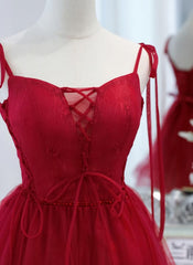 Prom Dress Long Open Back, Red Straps Tulle Short Homecoming Dress Prom Dress, Red V-neckline Formal Dresses