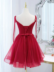 Prom Dresses Photos Gallery, Red Straps Tulle Short Homecoming Dress Prom Dress, Red V-neckline Formal Dresses