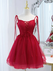 Prom Dress Silk, Red Straps Tulle Short Homecoming Dress Prom Dress, Red V-neckline Formal Dresses