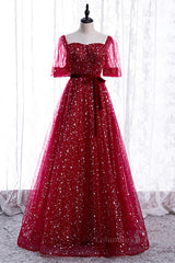 Homecoming Dress Inspo, Red Sweetheart Illusion Sleeves Sparkly Prints Maxi Formal Dress with Sash