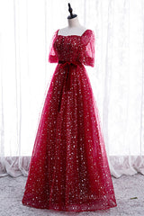 Homecoming Dresses For Girl, Red Sweetheart Illusion Sleeves Sparkly Prints Maxi Formal Dress with Sash