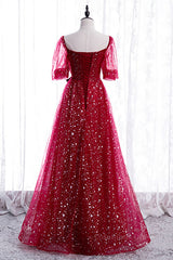 Homecoming Dress Shorts, Red Sweetheart Illusion Sleeves Sparkly Prints Maxi Formal Dress with Sash