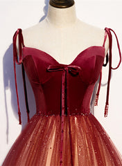 Night Club Outfit, Red Sweetheart Velvet and Tulle Straps Long Party Dress, Gradient Tulle A-line Prom Dress