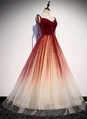 Prom Aesthetic, Red Sweetheart Velvet and Tulle Straps Long Party Dress, Gradient Tulle A-line Prom Dress
