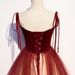 Design Dress Casual, Red Sweetheart Velvet and Tulle Straps Long Party Dress, Gradient Tulle A-line Prom Dress