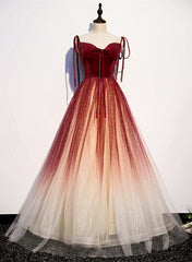 Chic Dress Classy, Red Sweetheart Velvet and Tulle Straps Long Party Dress, Gradient Tulle A-line Prom Dress