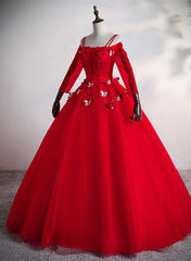 Flower Dress, Red Tulle Ball Gown Off Shoulder Long Party Dress, Red Sweet 16 Dresses
