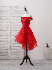 Formal Dress, Red Tulle Lace Off Shoulder Short Prom Dress, Red Homecoming Dress