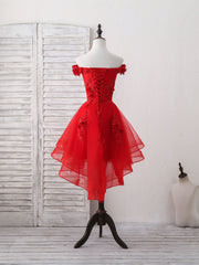Prom, Red Tulle Lace Off Shoulder Short Prom Dress, Red Homecoming Dress