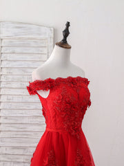 Pink Dress, Red Tulle Lace Off Shoulder Short Prom Dress, Red Homecoming Dress