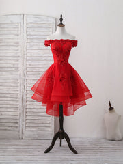 Prom Dress Two Pieces, Red Tulle Lace Off Shoulder Short Prom Dress, Red Homecoming Dress