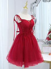 Simple Wedding Dress, Red Tulle Lace Short Prom Dress Red Lace Puffy Homecoming Dress