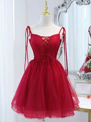 Bridesmaid Dress Dusty Blue, Red Tulle Lace Short Prom Dress Red Lace Puffy Homecoming Dress