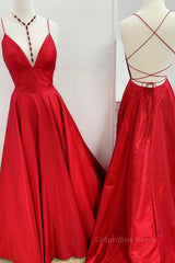 Homecoming Dresses Business Casual Outfits, Red v neck backless satin long prom dress red evening dress