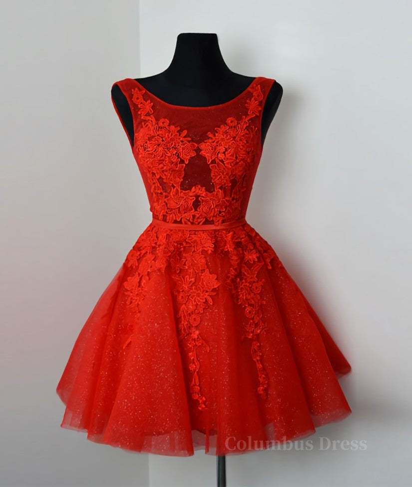 Evening Dress With Sleeves, Red v neck lace tulle short prom dress, red homecoming dress