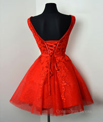 Evening Dresses Floral, Red v neck lace tulle short prom dress, red homecoming dress