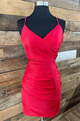 Slip Dress, Red V Neck Lace-Up Short Homecoming Dress Cocktail