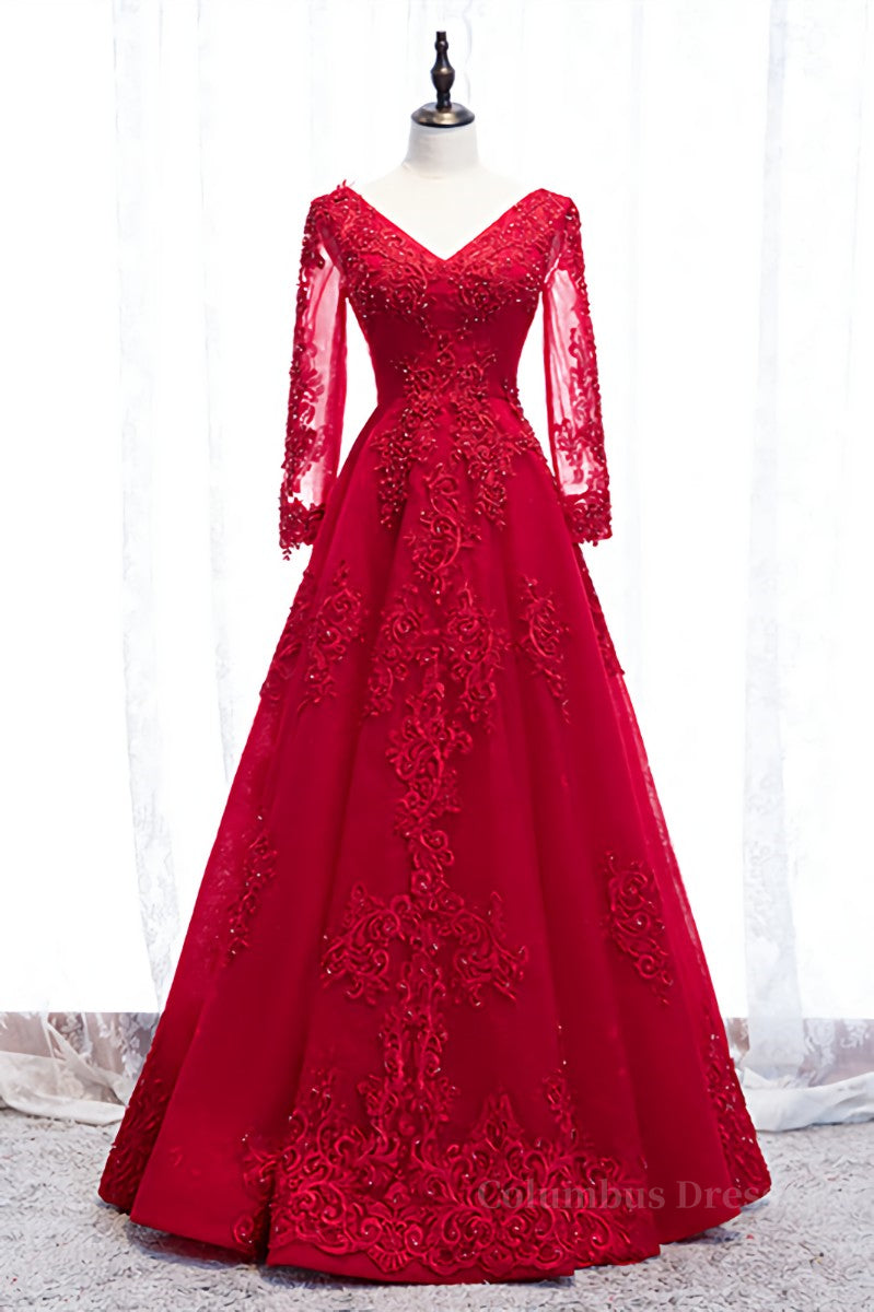 Evenning Dresses Long, Red V Neck Long Sleeves Beaded Appliques Long Formal Dress