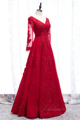 Evening Dress Online, Red V Neck Long Sleeves Beaded Appliques Long Formal Dress