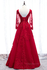 Evening Dress Cheap, Red V Neck Long Sleeves Beaded Appliques Long Formal Dress