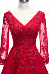 Evening Dresses Formal, Red V Neck Long Sleeves Beaded Appliques Long Formal Dress