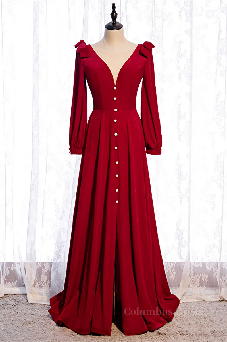 Dress Design, Red V Neck Long Sleeves Lace-Up Back Maxi Formal Dress with Bows