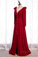 Shirt Dress, Red V Neck Long Sleeves Lace-Up Back Maxi Formal Dress with Bows