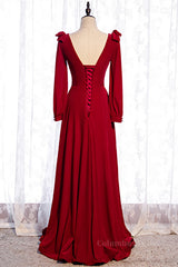 Couture Gown, Red V Neck Long Sleeves Lace-Up Back Maxi Formal Dress with Bows