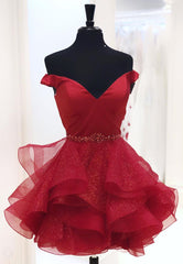 Bridesmaid Dress Different Styles, Red V-Neck Off the Shoulder Short Prom Dresses