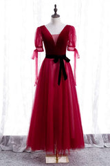 Evening Dresses Online Shopping, Red V Neck Puff Sleeves Bow Tie A-line Ankle Length Formal Dress with Sash