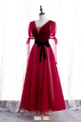 Evening Dresses On Sale, Red V Neck Puff Sleeves Bow Tie A-line Ankle Length Formal Dress with Sash
