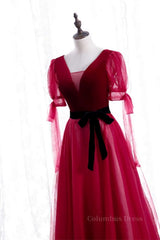 Evening Dresses Online, Red V Neck Puff Sleeves Bow Tie A-line Ankle Length Formal Dress with Sash