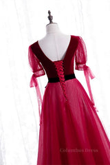 Evening Dresses Cheap, Red V Neck Puff Sleeves Bow Tie A-line Ankle Length Formal Dress with Sash