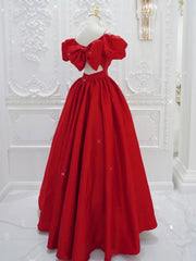 Dinner Outfit, Red V Neck Satin Long Prom Dress, Red Formal Evening Dresses