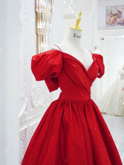 Party Dresses Short Tight, Red V Neck Satin Long Prom Dress, Red Formal Evening Dresses