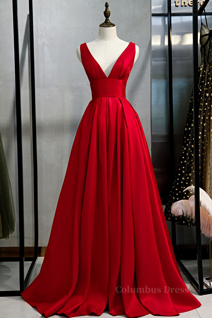 Homecoming Dress With Sleeves, Red v neck satin long prom dress simple red evening dress