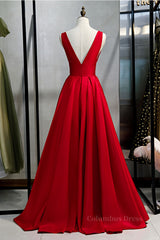 Homecomming Dresses With Sleeves, Red v neck satin long prom dress simple red evening dress