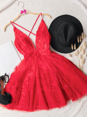 Dress, Red v neck tulle lace short prom dress,Mini homecoming dress cocktail dress