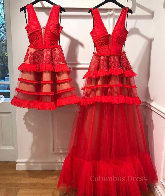 Red Gown, Red v neck tulle long prom dress, red tulle evening dress