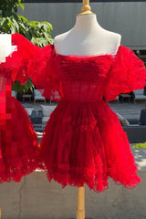 Party Dresses Online, Red Tulle Puff Sleeves Ruffles Tulle Homecoming Dress