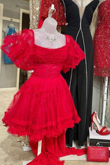 Party Dress Idea, Red Tulle Puff Sleeves Ruffles Tulle Homecoming Dress