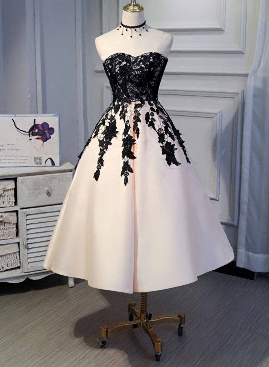 Gown Dress Elegant, Tea Length Satin With Lace Vintage Prom Dress, Ball Gown Elegant Formal Dresses