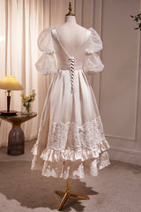 Prom Dresses Boho, Retro Scoop Neck Lace Tea-length Prom Dress, A-Line Puffy Short Sleeve Party Dress