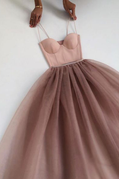 Bridesmaid Dress Color Scheme, Dusty Rose A-Line Tulle Floor Length Spaghetti Straps Sweetheart Evening Party Dresses Prom Dresses